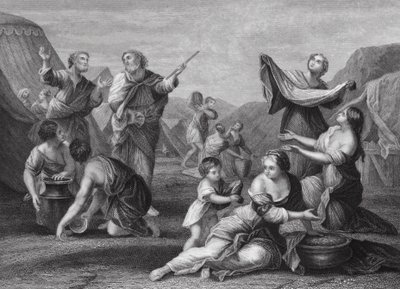 Pád many, Exodus, kap. 16, verš 14, 24 (rytina) od Nicolas (after) Poussin