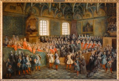 Zasedání Soudního dvora (Lit de Justice), které se konalo v Parlamentu dne 22. února 1723 ... od Nicolas (attr. to) Lancret