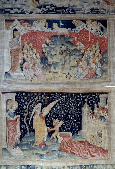 Vising of Revelation (1373-1383), n. 47: Beránek na hoře Sion. Níže, n. 55, Anděl zvedne vinnou révu země, která se nalila do velké kádě Božího hněvu, káď přeteče a krev repanduje. Tapiserie od Nicolase Bataille (1330-1405) od Nicolas Bataille