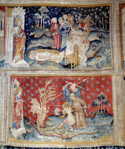 Opona Apokalypsy: mrtvoly leží na zemi, drak bojuje se služebníky Božími vtělenými mnichem a laiky. 1373-1383. vytvořil Nicolas Bataille (1330-1405) Angers, muzeum gobelínů od Nicolas Bataille