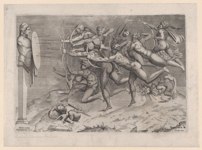 Nazí lučištníci střílející na terč připevněný k hermu, Amor spí dole, možná..., ca. 1540-60. od Nicolas Beatrizet