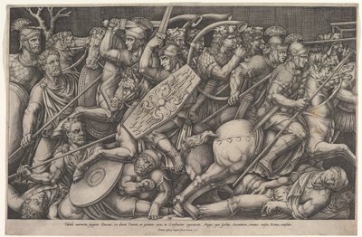 Římští vojáci bojující proti Dákům, bitevní scéna v mělké hloubce s koňmi a hor..., 1553. od Nicolas Beatrizet