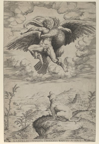 Znásilnění Ganymeda Jupiterem v masce orla, který ho nese do nebes, ahoj, 1542. od Nicolas Beatrizet