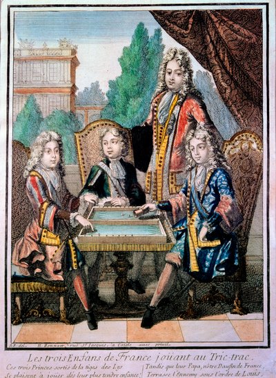 Vnuci Ludvíka XIV. (1638-1715), Ludvíka vévody Burgundského († 1712), Filipa, vévody z Anjou (1683-1746), a Charlese, vévody z Berry s jejich otcem Ludvíkem († 1711), delfínem Francie, hrající tric trac (Trictrac nebo Trictrac: předchůdce backga od Nicolas Bonnart