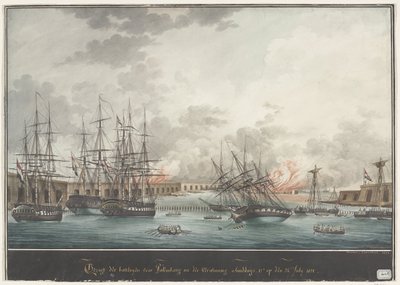 Pohled na baterie pro Palembang po vítězství odpoledne - 12 hodin. dne 24. července 1821 (název na objektu) od Nicolas Cammillieri