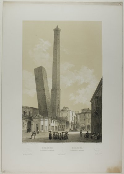 Bologna: věže Asinelli a Garisenda, deska 40 z Italie Monumentale et Pittoresque od Nicolas Chapuy