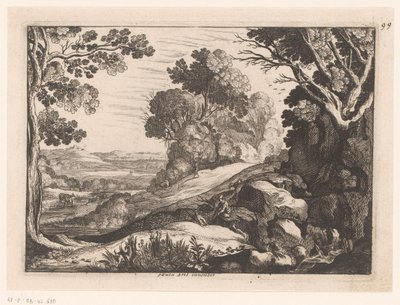 Kopcovitá krajina se dvěma pastevci koz Idealizované krajiny (název série) od Nicolas Cochin (attributed to)