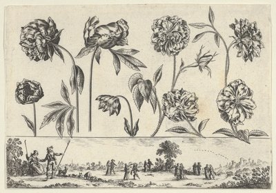 Horizontální panel s řadou květin nad vlysem s postavami v krajině, z Li..., 1645. od Nicolas Cochin