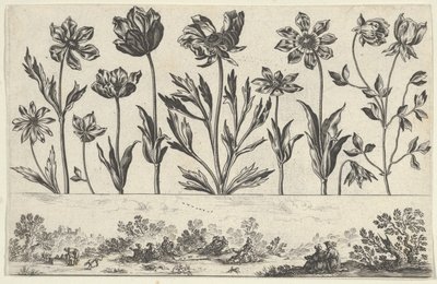 Horizontální panel s řadou květin nad vlysem s postavami v krajině, z Li..., 1645. od Nicolas Cochin