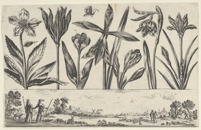 Horizontální panel s řadou květin nad vlysem s postavami v krajině, z Li..., 1645. od Nicolas Cochin