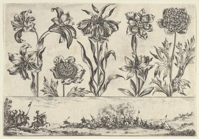 Horizontální panel s řadou květin nad vlysem s bitevní scénou v krajině, ..., 1645. od Nicolas Cochin