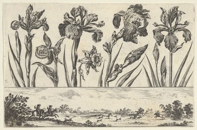 Horizontální panel s řadou květin nad vlysem s loveckou scénou v krajině,..., 1645. od Nicolas Cochin