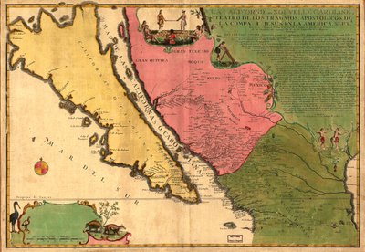 La Californie ou Nouvelle Caroline - divadlo děl, Apoštolská díla Compa. e Jesus in America Septe. LOC 98687119 od Nicolas de Fer