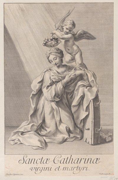 Svatá Kateřina Alexandrijská, klečící s loktem opřeným o kolo s hroty, a..., 1698. od Nicolas Dorigny
