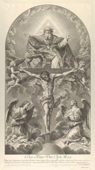 Nejsvětější Trojice, Kristus na kříži lemovaný dvěma anděly, Duch svatý jako holubice a..., 1702. od Nicolas Dorigny