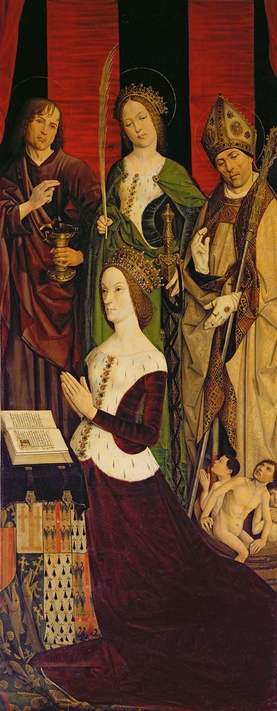 Triptych Mojžíš a hořící keř, pravý panel zobrazující Jeanne de Laval († 1498) se sv. Janem, svatou Kateřinou a sv. Mikulášem, kolem 1476 (viz také 26542, 173010 a 232840) od Nicolas Froment