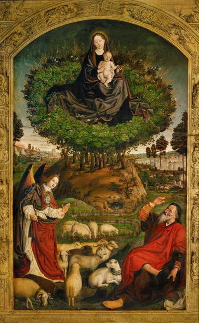 Panna Maria. Střední deska oltáře Hořícího keře (olej na dřevě) od Nicolas Froment