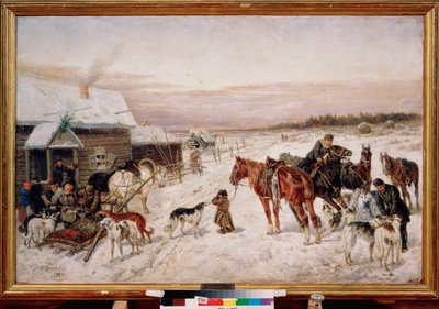 Před hospodou v zimě - Obraz Nikolaje Jegoroviče Sverčkova (Nicolas Swertschkoff) (1817-1898), olej na plátně od Nicolas Gregorovitch Svertschkoff