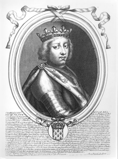 Karel IV. (1294-1328) Spravedlivý, král Francie a Navarry, z knihy "Les Augustes Representations de tous les Rois de France depuis Pharamond jusqu