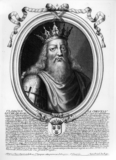 Clodion Vlasatý (asi 428-47) z knihy "Les Augustes Representations de tous les Rois de France depuis Pharamond jusqu