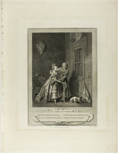 Neočekávané volání, z knihy Monument du Costume Physique et Moral de la fin du Dix-huitième siècle od Nicolas Joseph Voyez