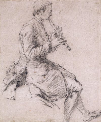 Sedící muž hrající na flétnu, v profilu vpravo, cca 1720 od Nicolas Lancret