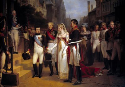 Císař Napoleon Bonaparte (1769-1821) přijal 6. 7. 1807 královnu Luisu Pruskou v Tilsitu (Tilsitt). Na schodech čeká diplomat Talleyrand. Obraz Nicolase Louise Gosse (1787-1878) 1837 Ne. 3,51x4,92 m Versailles, musee du Chateau - The od Nicolas Louis Francois Gosse