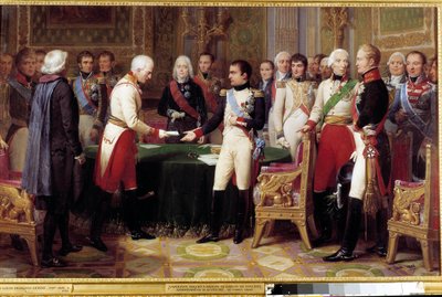 Rozhovor v Erfurtu, 27. září - 14. října 1808: Napoleon I. přijímá barona Vincenta, rakouského diplomata a vyslaného od rakouského císaře. Uprostřed mezi dvěma postavami vidíme Charlese Maurice z Talleyrand Perigord (1754-1838). Bolest od Nicolas Louis Francois Gosse