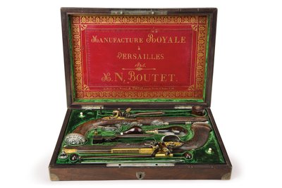 Pár stříbrných kulových pistolí s křesadlovým zámkem, Versailles, 1825 od Nicolas Noel Boutet