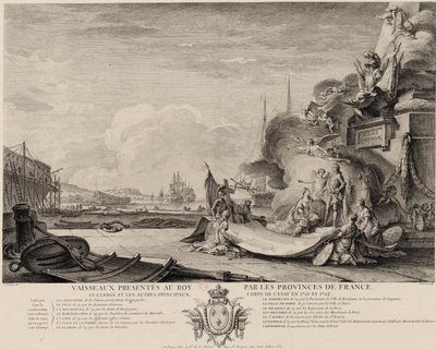 Alegorická rytina daru lodí kolem roku 1762 od Nicolas Ozanne