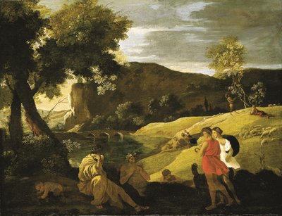 Arkádská krajina s příběhy z legend o Panovi a Bacchovi (olej na plátně) od Nicolas Poussin
