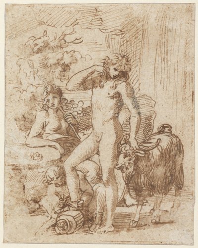 Bacchus a Erigone (pero a inkoust s mytím na papíře) od Nicolas Poussin
