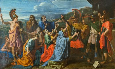 Coriolanus přesvědčil svou rodinou, aby ušetřil Řím Veturii u nohou Coriolanových, asi 1652. od Nicolas Poussin
