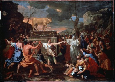 Klanění zlatého telete. Hebrejský lid tančí kolem idolu zlatého telete. Obraz Nicolase Poussina (1594-1665) od Nicolas Poussin