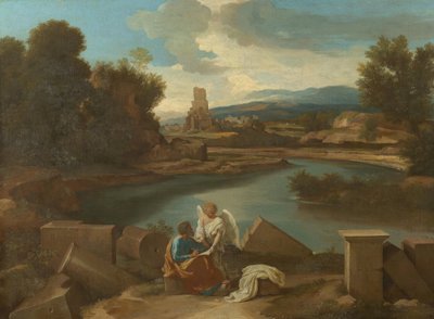 Krajina z římské Campagny s Matoušem a andělem od Nicolas Poussin