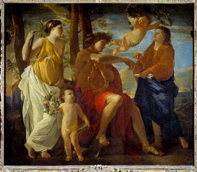 Inspiraci básníka Un poete, lyru v ruce a čelenku vavřínové koruny, obklopují múzy a putti. obraz Nicolase Poussina od Nicolas Poussin