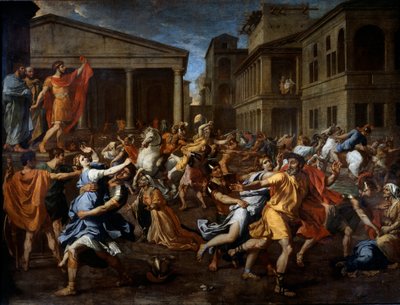 Odstranění sabinů Římany. Romulus vlevo pozoruje scénu. Obraz Nicolase Poussina od Nicolas Poussin