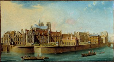 Pohled na Ile de la Cite s apsidou Cathedrale Notre Dame a Quai aux Fleurs z Ile Saint Louis v Paříži Obraz Nicolase Ragueneta (1715-1793) 1753 Sun. 0,46x0,84 m Paříž, Musee Carnavalet - Pohled na Ile de la Cite s apsou od Nicolas Raguenet