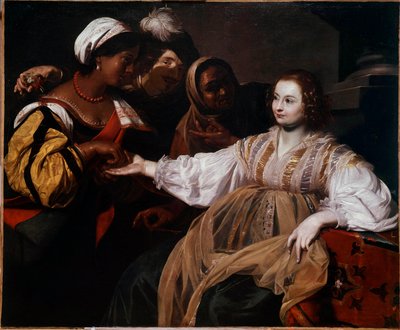Kartářka Žena se přišla poradit s palmistou. Obraz Nicolase Regniera (1591-1667) Sun. 1,2x1,5m od Nicolas Regnier