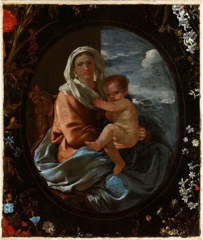 Panna s dítětem na květinovém věnci od Nicolas & Seghers Daniel (1590–1661) Poussin