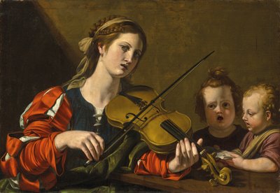 Žena hrající na housle se dvěma dětmi zpívajícími (olej na plátně) od Nicolas Tournier