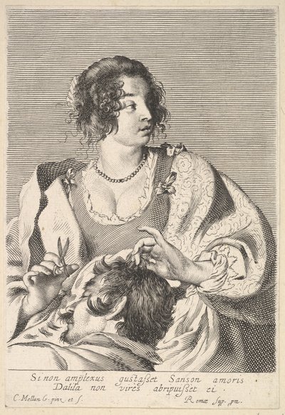 Delilah se chystá ostříhat Samsonovi vlasy nůžkami v pravé ruce, pod svými hrudníky..., ca. 1629. od Nicolas Viennot
