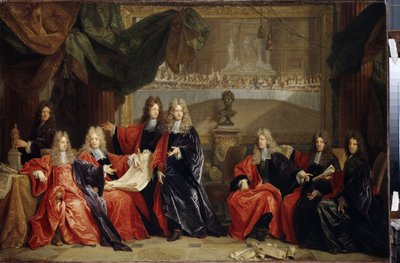 Proboštové a magistráty města Paříže diskutující o slavnostní večeři krále Ludvíka XIV. 14 známého jako Král Slunce (1638-1715) v Hôtel de ville po jeho obnově v roce 1687 (probošt a magistrátní magistráti Paříže projednávají oslavu Lou od Nicolas de Largillière