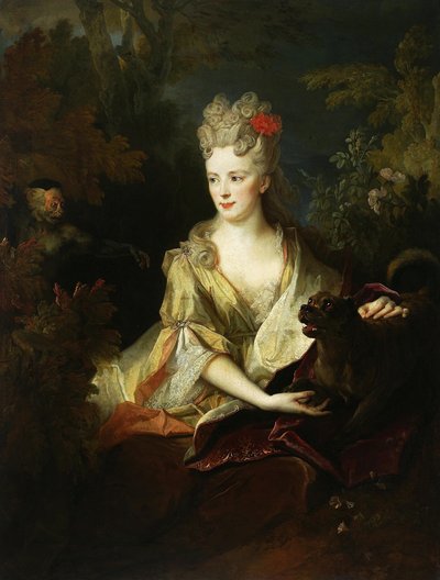 Portrét dámy se psem a opicí od Nicolas de Largillière