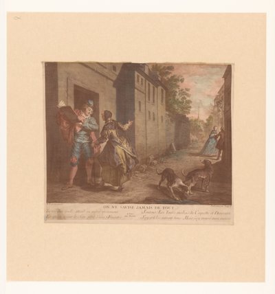 Straat Gezicht se setkal s mužem a knihou Nebo nikdy nemyslet na všechno (název na předmětu) Fabels van Jean de La Fontaine (název série) Suite of New Prints for the Tales of La Fontaine (název série) od Nicolas de Larmessin (III)