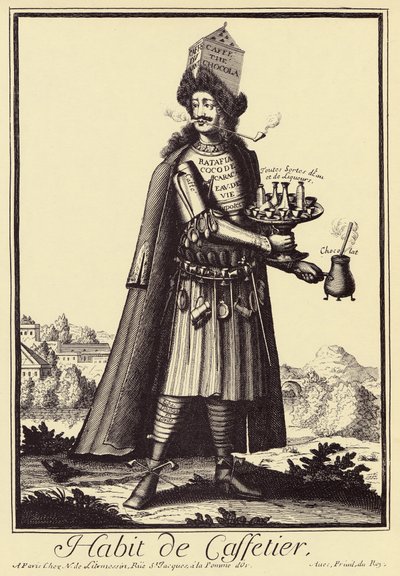 Caffettier: "Habit de Caffettier" (Kávovar nebo obchodník s kávou, čokoládou, čajem, likéry) Satirická kresba z "Costumes Grotesques" Nicolase de Larmessina (1640-1725) od Nicolas de Larmessin