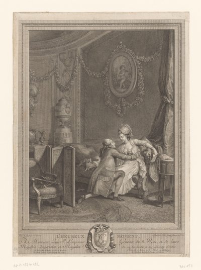 Šťastný okamžik Slaapkamerinterieur met koppel op bed Šťastný okamžik (název na předmětu) od Nicolas de Launay (goudsmid)