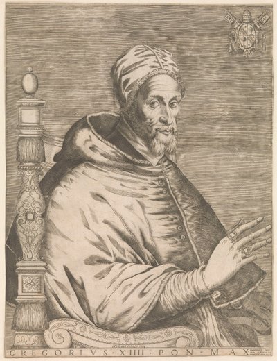 Portrét sedícího papeže Řehoře XIV Řehoř XIII Pon. Max. (název na objektu) od Nicolaus van Aelst (attributed to)