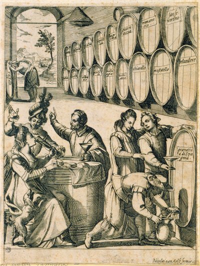 Pijáci ve vinném sklípku (názvy římských vín jsou napsány na sudech) od Nicolaus van Aelst