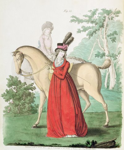 Dáma vyjíždějící na koni v jezdeckých šatech z Galerie módy Nikolause Heideloffa, II. díl, červen 1795 (tisk) od Nicolaus von Heideloff
